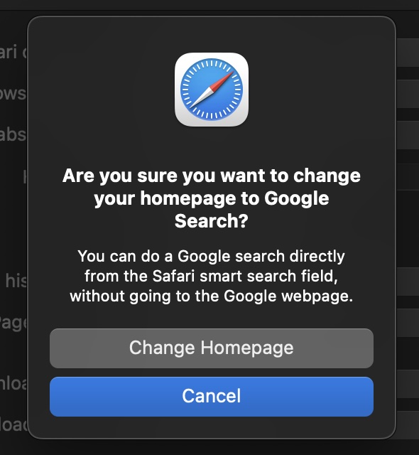 Are you sure you want to change your homepage to Google Search - Safari
